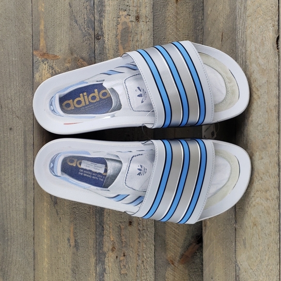 adidas adilette Premium Men's Slides Sandals Grey/Blue/Red - Picture 4 of 8